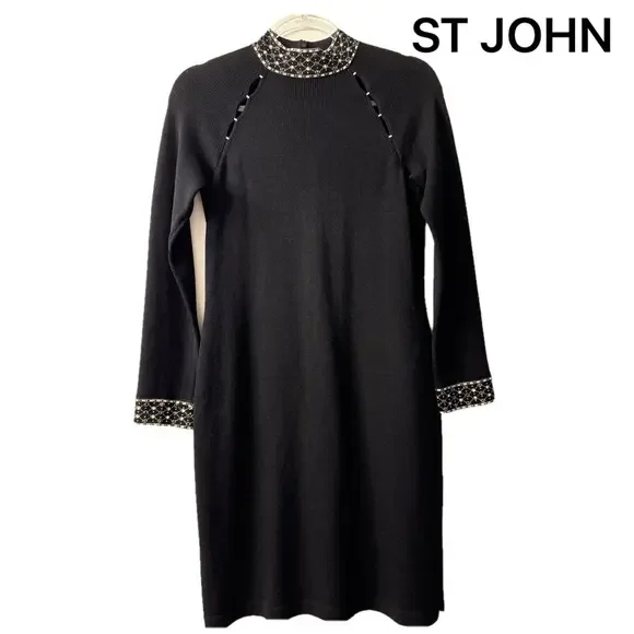 St. John Evening Black Knit Dress with Jewel Embellished Neckline & Cuffs - Picture 4 of 12